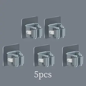 Five-piece heavy-duty wall-mounted mop and broom storage rack without drilling - No drilling installation, space-saving plastic multi-functional hooks, multi-functional hooks Broom Mop Holder