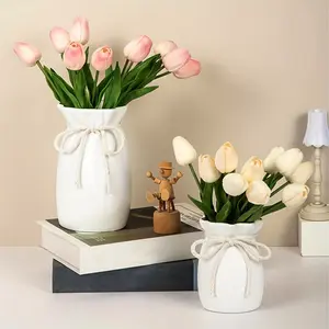 Pleated Jute Vase 2 Sizes - Cloud Rim Ceramic-like, 8in/5in Shatterproof Flower Arrangement Vase for Entryway Table, Dried Fake Flowers, Nordic Farmhouse Decor