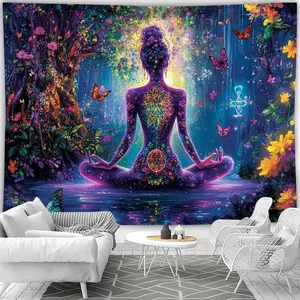 1pc Bohemian Psychedelic Mandala Tapestry, 85gsm Polyester Knit Fabric Wall Hanging with Floral Meditation and Butterfly Design, Indoor Decor for Living Room, No Electricity or Battery Needed