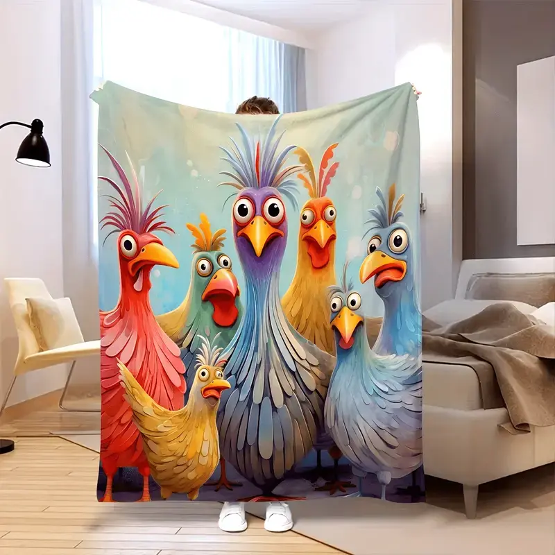 Digital-Printed Flannel Shawl Blanket with Oil Painting Chicken Pattern – All Seasons, Suitable for Sofa, Bed, Office, and Camping; Great as a Gift, Playful Design, Novelty Blanket