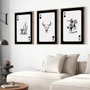 Set Of 3 Unframed Longhorn Bull Skull Wetern Cowboy Playing Card Art Poster Aesthetics Black White Minimalist Funky Painting Canvas Print Wall Picture Ideal Gift For Dorm,Apartment,Living Room,Bedroom,Boy Room,Home Decoration