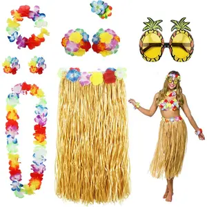 8 Pack Hula Skirt Costume Kit for Hawaii Luau Party Dancing Hula with Flower Bikini Top Hawaiian Lei