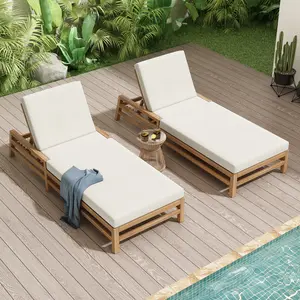5-Position Adjustable Outdoor Chaise Lounge Set of 2, Solid Wood Patio Recliner Chair with Thick Cushions, Weather-Resistant for Pool, Balcony & Garden (Light Teak)