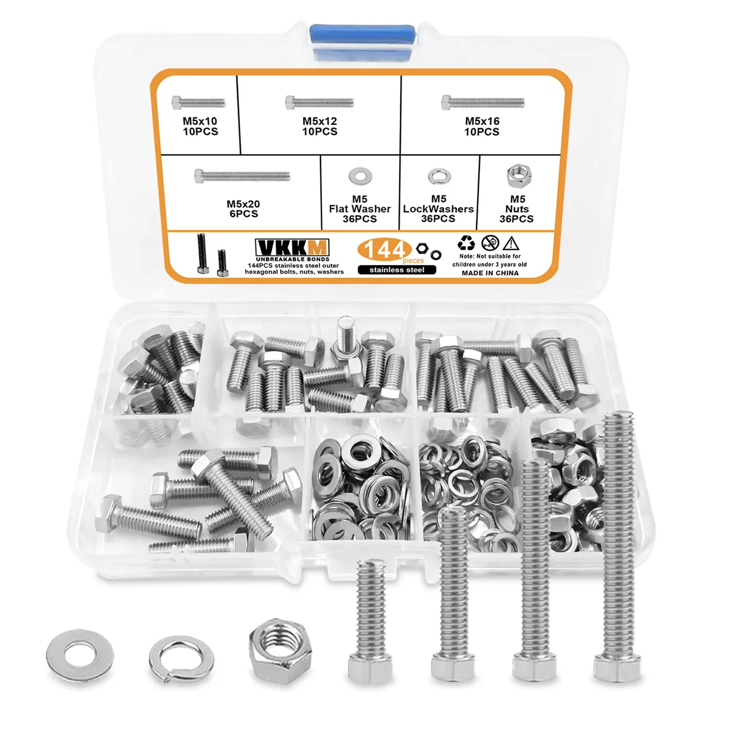 VKKM 144Pcs M5 Hex Head Bolts Assortment Kit, 304 Stainless Steel M5×10/M5×12/M5×16/M5×20 Screws with Hex Nuts, Flat Washers & Lock Washers, Metric Hardware Fastener Set for Automotive, Machinery, Equipment Repair & Industrial Fastening