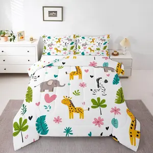 Zoo Animal Toddler Bedding Set,Cartoon Animal Print Comforter Set for Kids Girls Boys,Giraffe Elephant Zebra Comforter