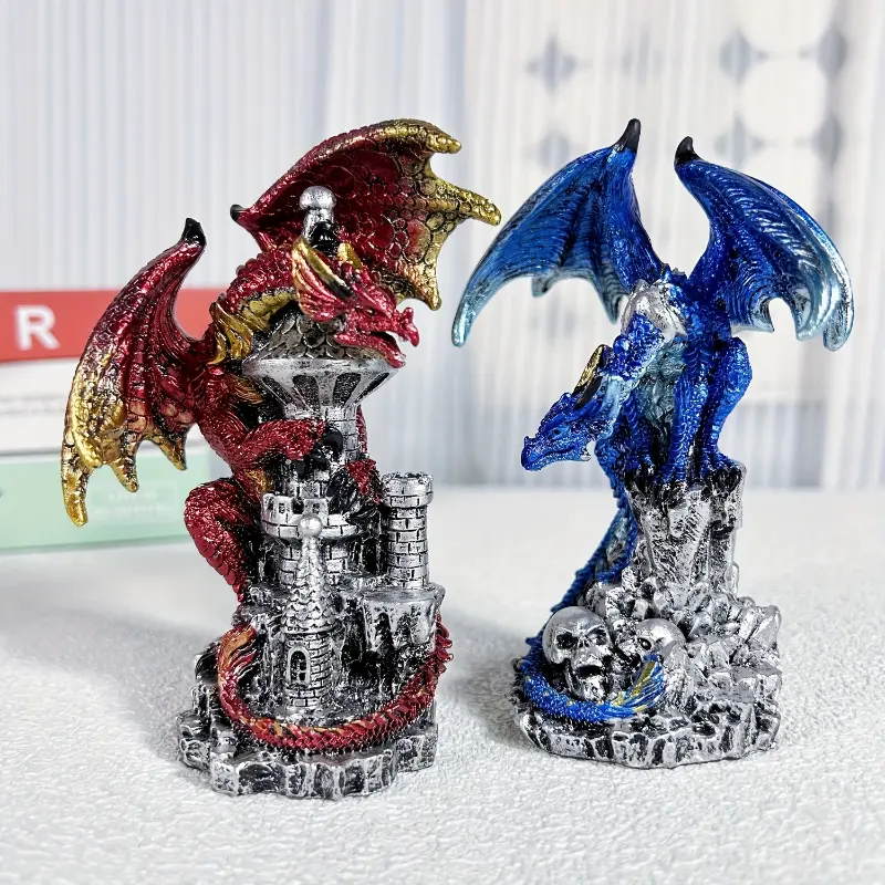 Resin Dragon Statues - Majestic Design with Skeletal Bases Embracing Castles, Multicolor Blue Outdoor Festive Home Decor Ornaments