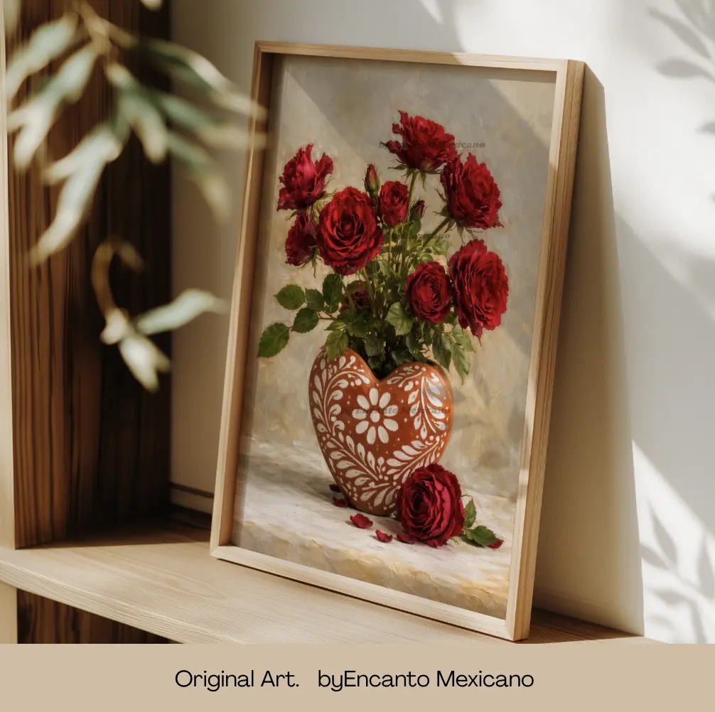 Mexico Talavera Wall ART , Mexico Wall ART Red Rose Bouquet Satin Poster | Heart Vase Floral Wall Art, Romantic Decor