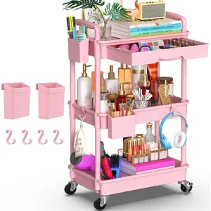 3 Tier Rolling Utility Cart Organizer with Removable Drawer, Stable and Sturdy Pink Rolling Storage Carts with 2 Lockable Wheels for Bathroom, Kitchen, Snack, Craft, Makeup, Baby Essentials