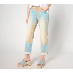 LOGO by Lori Goldstein Regular-Fit Printed Cotton-Spandex Denim Boyfriend Jeans with Pocket and Cuffed Hem