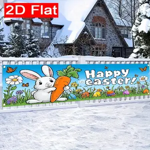(JIT)1PC Spring Easter, white rabbits and Easter eggs, butterflies, flowers, carrots (2) 2D pattern polyester decorative fence banner decoration flag, outdoor lawn and wall decoration, festival celebration outdoor party supplies