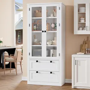 Garvee 72" Tall Kitchen Pantry Cabinet - Modern Display Storage Cabinet with 2 Large Drawers, Glass Doors, and Adjustable Shelves, Farmhouse Kitchen Cupboard for Dining Room, Bathroom, Living Room, White
