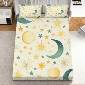 3Pcs Moon Star Sun Fitted sheet Three Piece Set (1*Fitted Sheet+2*Pillowcases, Coreless), Holiday theme, Starry Night Bedding Set, Mattress protector Soft, Breathable
