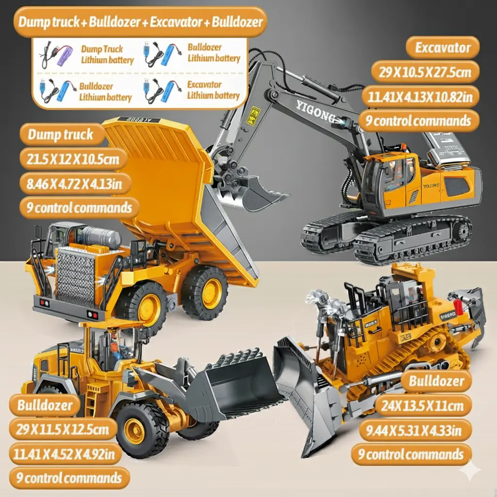 1:24 Scale Part-Alloy Metal RC Excavator Bulldozer, 9-Channels Control 2.4G Remote Control Crawler, Palm-Graspable Mini Off-Road Button Cells RC Vehicle, Electric Engineering Toy Truck