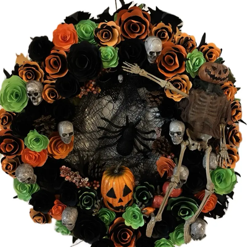 Handcrafted Cardstock Paper Floral Wreath with Orange Green Black Roses Skeletons Pumpkins Spider Web for Spooky Halloween Decor 18 Inch Grapevine Wreath Decoration