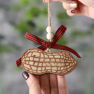 Carved Wood Hanging Ornament with Bow Lanyard, Humorous Adult-themed Peanut Design Rearview Mirror Decoration, Car Accessory