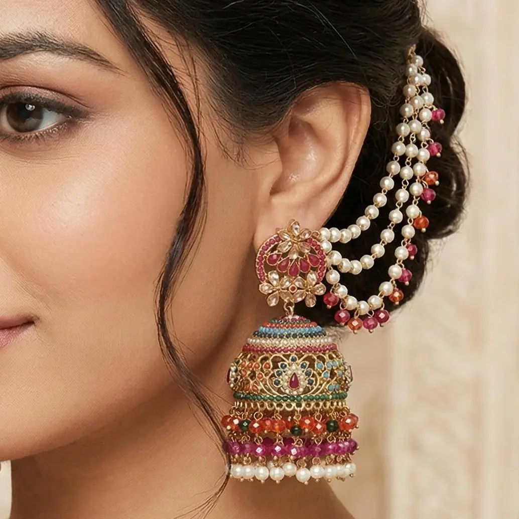 Nauratan Jhumka Earrings with Double Sahara - Bridal Favorite Costume Jewelry, Jewelry for Women Accessory