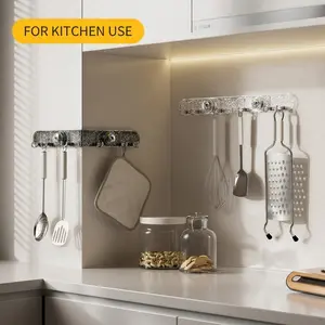 Foldable Wall Hook Rack with Water-Ripple Aesthetic Design, No Drill Clear or Black Adhesive Hook Rail with 8 Hooks, Wall Mounted Suction Cup Hanger for Entryway Kitchen Bathroom, Modern Decorative Hook Strip for Keys Towels Coats Bags Jewelry
