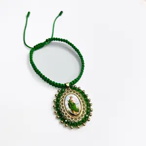 Handcrafted Adjustable Unisex San Judas Medal Bracelet with Embroidery Crystals and Green String for Daily Wear