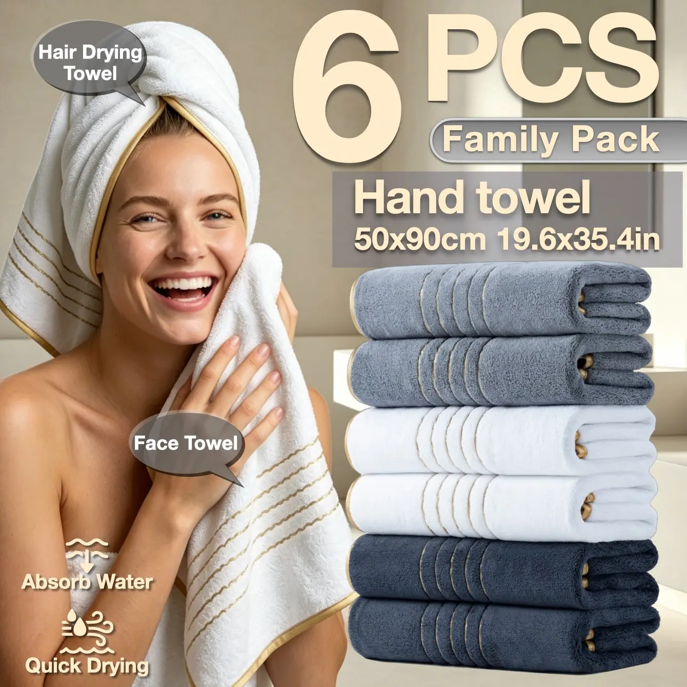 6-Pack High-Quality Luxury Face Towels, Striped Design, Super Absorbent & Quick-Dry, Soft Touch, Reusable, Ideal for Home & Spa Use, Quick Drying Towel, Striped Pattern Towel