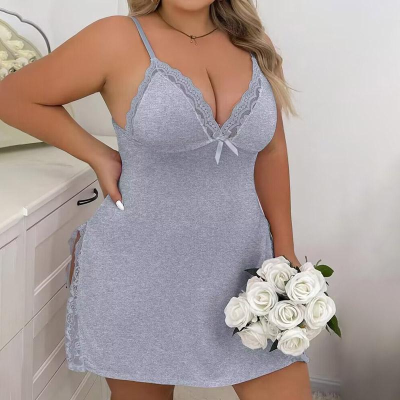 [Plus Size] ChicMe Women's Lace Sleep Dress - Spaghetti Strap Nightgown with Bowknot & Slit Detail Soft Comfortable Nig