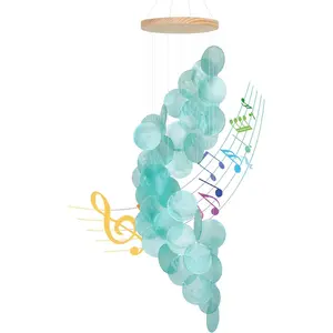 Seashell Wind Chimes for Outside - Handcrafted Turquoise Spiral Shape Capiz Shells Windchime Coastal Style Decor for Indoor/Outdoors, Garden & Beach  Decor for Wind Chimes Lovers and