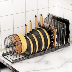 3 Expandable Pot and Pan Organizer Rack for Cabinet, Pot Lid Organizer Holder with 12 Adjustable Compartments for Kitchen Cutting Board, Pan Lid Cookware and Baking Storage