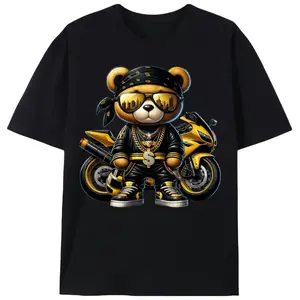 Hip Hop Biker Teddy Bear T-Shirt, Unisex Cool Urban Streetwear Graphic Tee, Trendy Bear Lover Casual Shirt