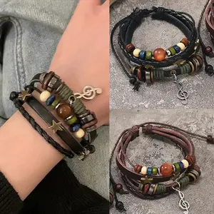 FASHION4U - Handmade Hippie Design Brown Leather Bracelet Women Metal Star Note Charms Wood Button Beads Wrap Unisex Adjustable Bracelet