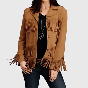 Women's Brown Leather Western Fringe Jacket