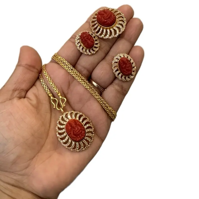 Women's Traditional Ganesh Jewelry Set - Necklace Chain with Pendant, Matching Earrings, Adjustable Finger Ring, Earring for Women