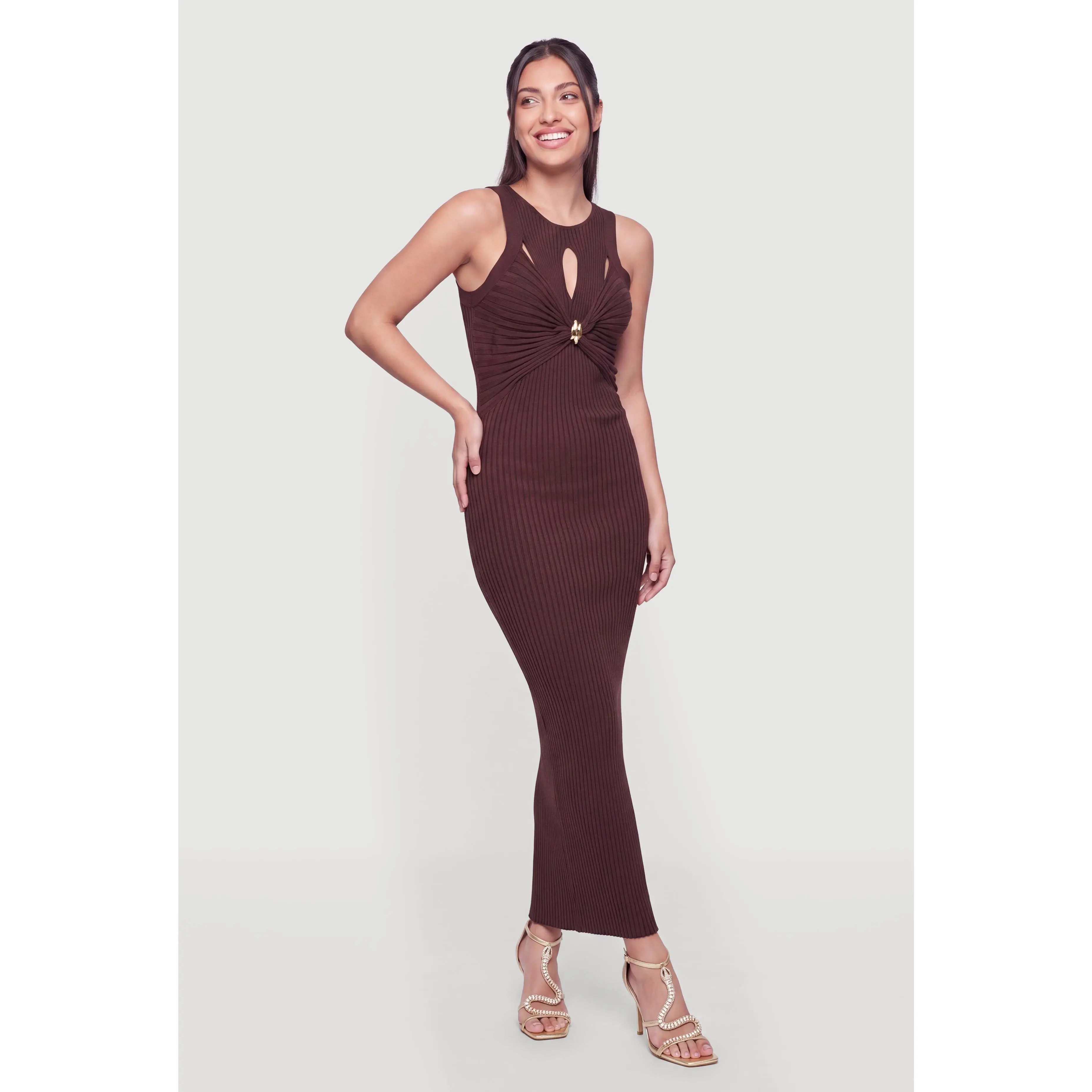 Ribbed Knit Twist Front Metallic Detail Cutout Maxi Dress