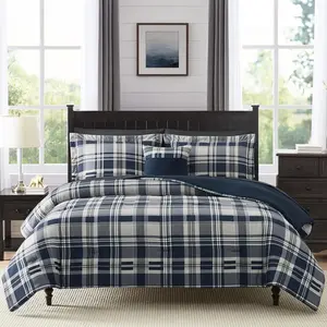 Comforter Set, Plaid Design Comforter Set 7 count, All Season Comfortable Bedding Sets , Lightweight, Warm and Breathable (Navy Blue, , 90"x90")