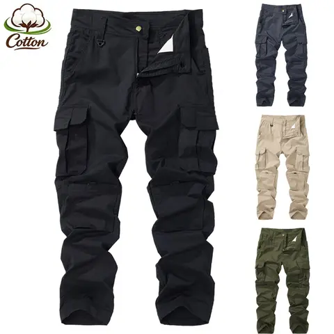 Men's Durable Polyester Utility Cargo Trousers - Male Clothing, Mid Waist, Straight-Cut, Multi-Pockets, Regular-Fit Bottoms for All Seasons Autumn Outdoor Training & Work