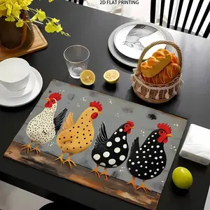 2D flat printing, 2-piece/4-piece/6-piece/8-piece set of farmhouse chicken pattern placemats, linen rectangular washable retro dining table decoration, suitable for indoor and outdoor kitchens, restaurants, parties, seasonal rural design