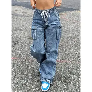 Women’s adjustable drawstring pocket denim straight-leg pants, loose and casual style, suitable for all seasons, fashionable workwear look GARMENTARY