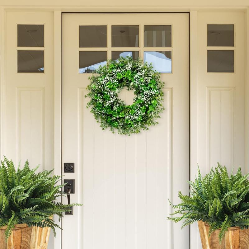 St. Patrick's Day 17.7’’ Shamrocks Wreath with 30 Green Lights Artificial Greenery Clover Wreath for Wall, Window, and Indoor Home Decor Ornaments Decoration Deer