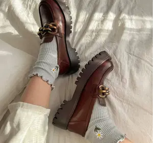 Chunky Women's Genuine Leather Platform Shoes Round Toe Metal Chain Slip on Loafers