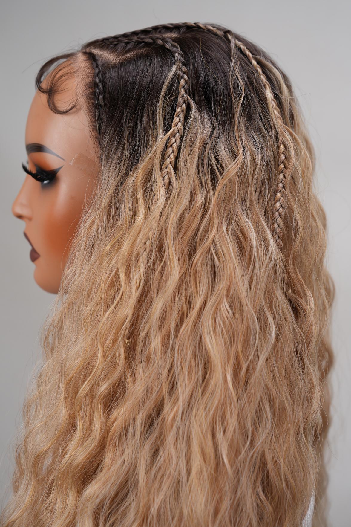 NOBLE 25 Inch Brown-gold gradient braided wavy curls with lace detailing for long waves