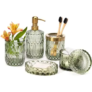 6-piece bathroom transparent glass accessory set (liquid soap dispenser, soap dish, toothbrush holder, glass cup, cotton swab holder), modern style crystal vintage gift (6 pieces in green)