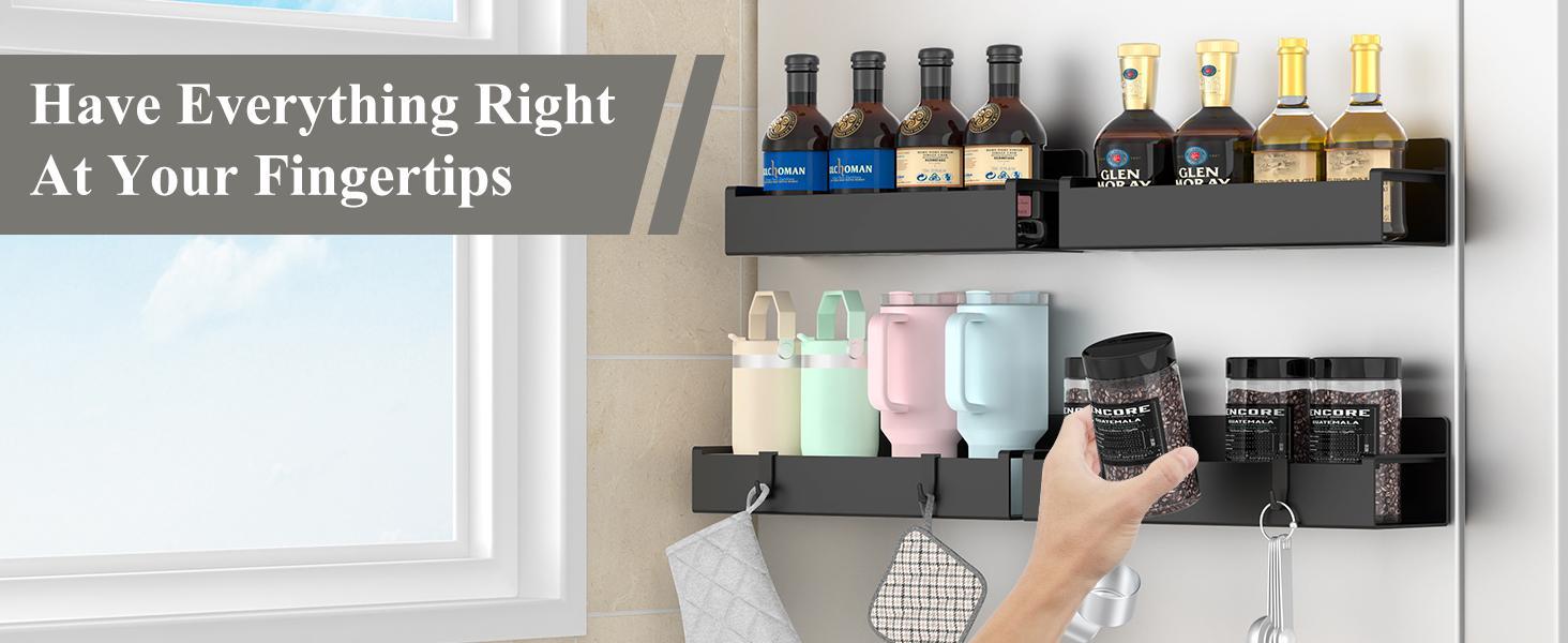 2 Pack-4 Pack Strong Magnetic Spice Rack Organizer for Refrigerator & Oven, Black Space-Saving Fridge Storage Shelf, No Drilling Kitchen Organizer for Spices, Jars and Seasonings