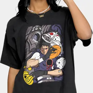 Obito Uchiha Naruto Shippuden Anime Graphic T-Shirt, Akatsuki Manga Washed Tee, Vintage Anime Streetwear Shirt, Unisex Cotton Crew Neck Otaku Apparel