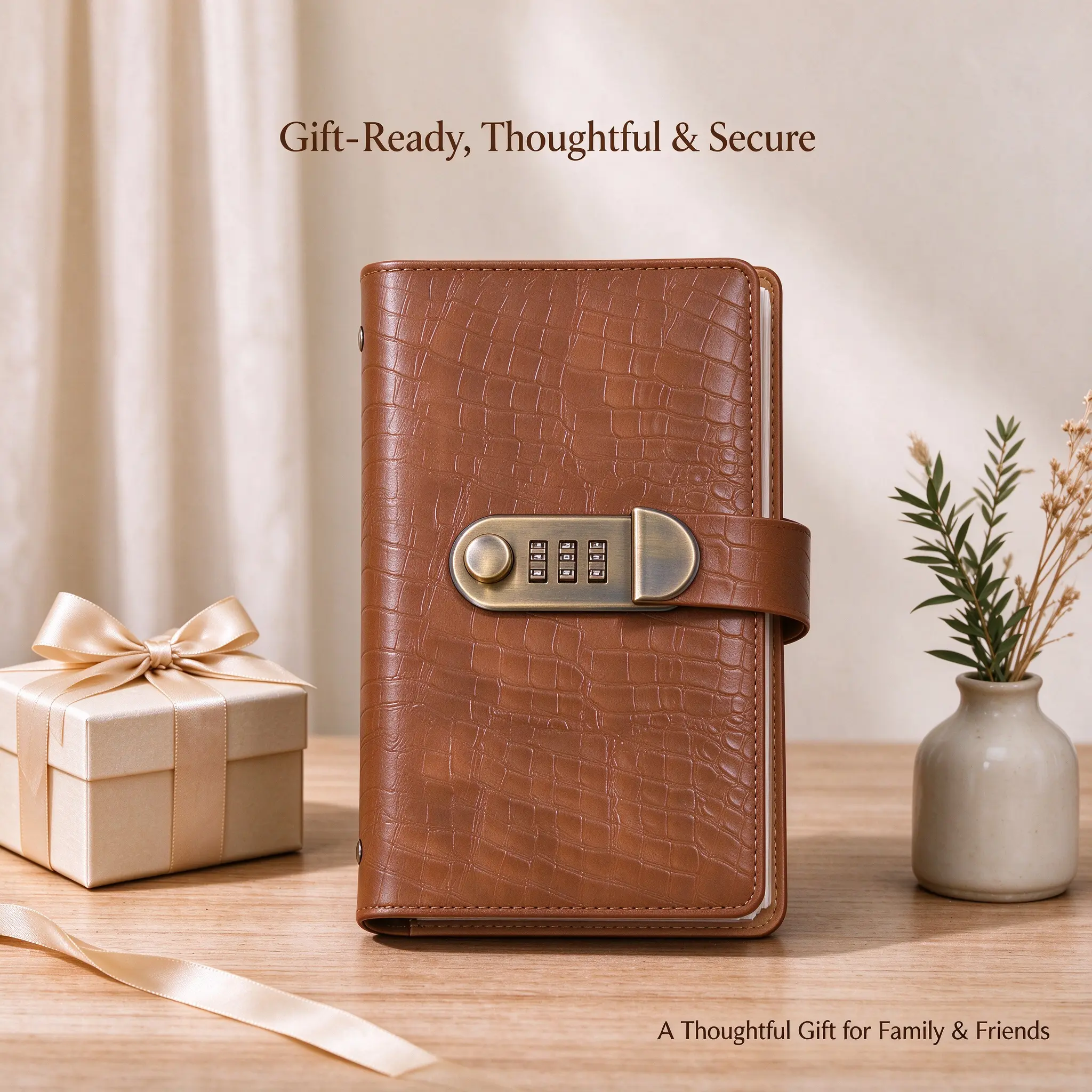 Cash Collection Album with Combination Lock, A6 Leather Money Organizer for Cash, Bills & Savings, Secure Password Cash Book with Transparent Sleeves, Fits 50 Bills, Croc PU Leather, Ideal Gift for Men & Women