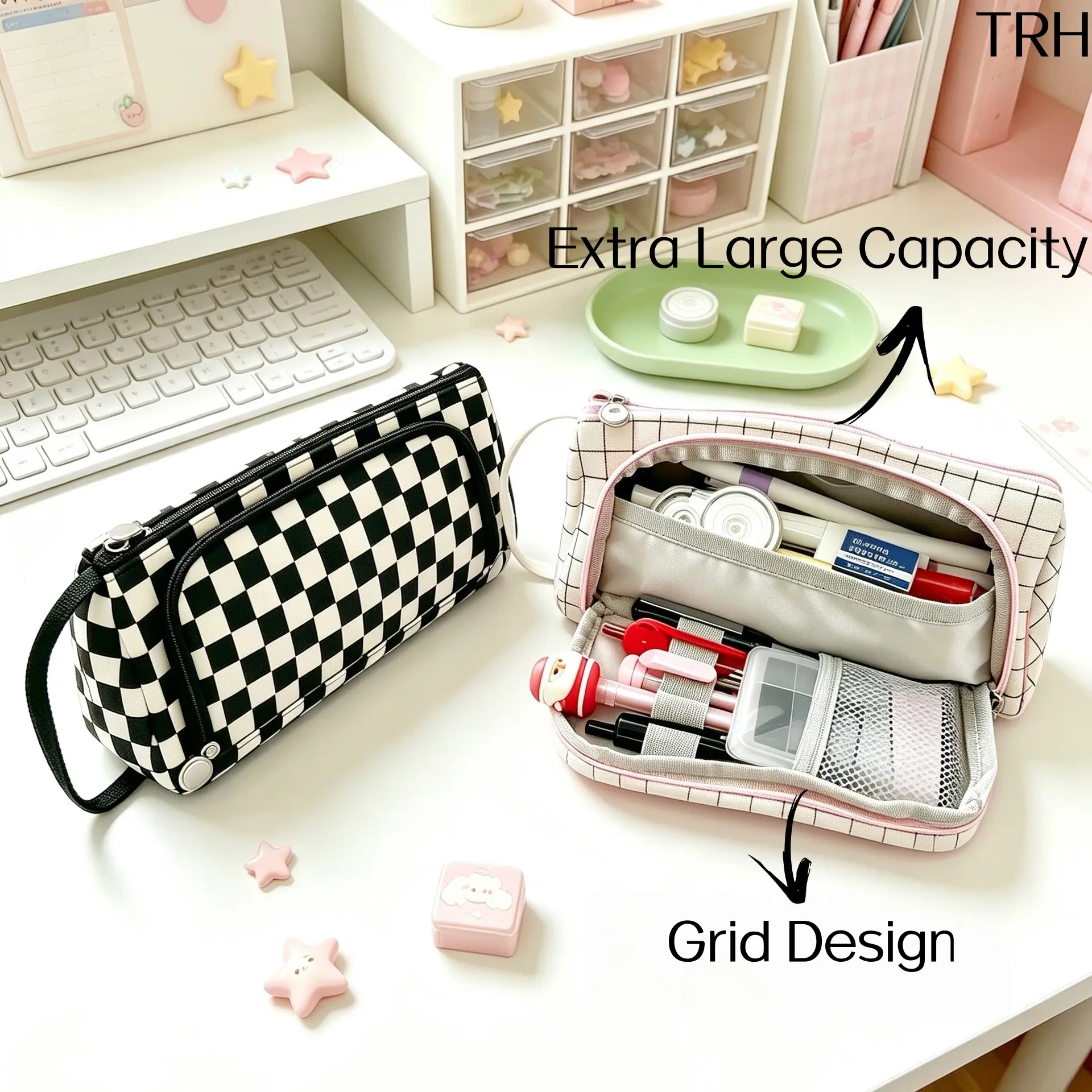 Aesthetic Checkered Grid Canvas Pencil Case, Large Capacity Multi-Compartment Stationery Organizer Pouch with Inner Mesh Pocket & Carrying Handle, Durable Portable School Supply Bag for Teen Students Back to School Daily Desk Organization Gift