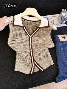 Women's Colorblock Polo Neck Cut Out Vest, Casual Fashion Sleeveless Summer Top, Button Front Knitwear Outerwear