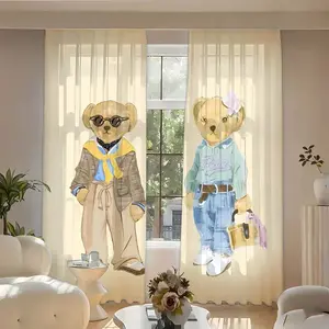 2pcs Polo Bear Print Curtains, Blackout Polyester Curtains for Kitchen Bedroom Office Living Room Home Decoration Curtain Decor, Non-Rod Door Curtains