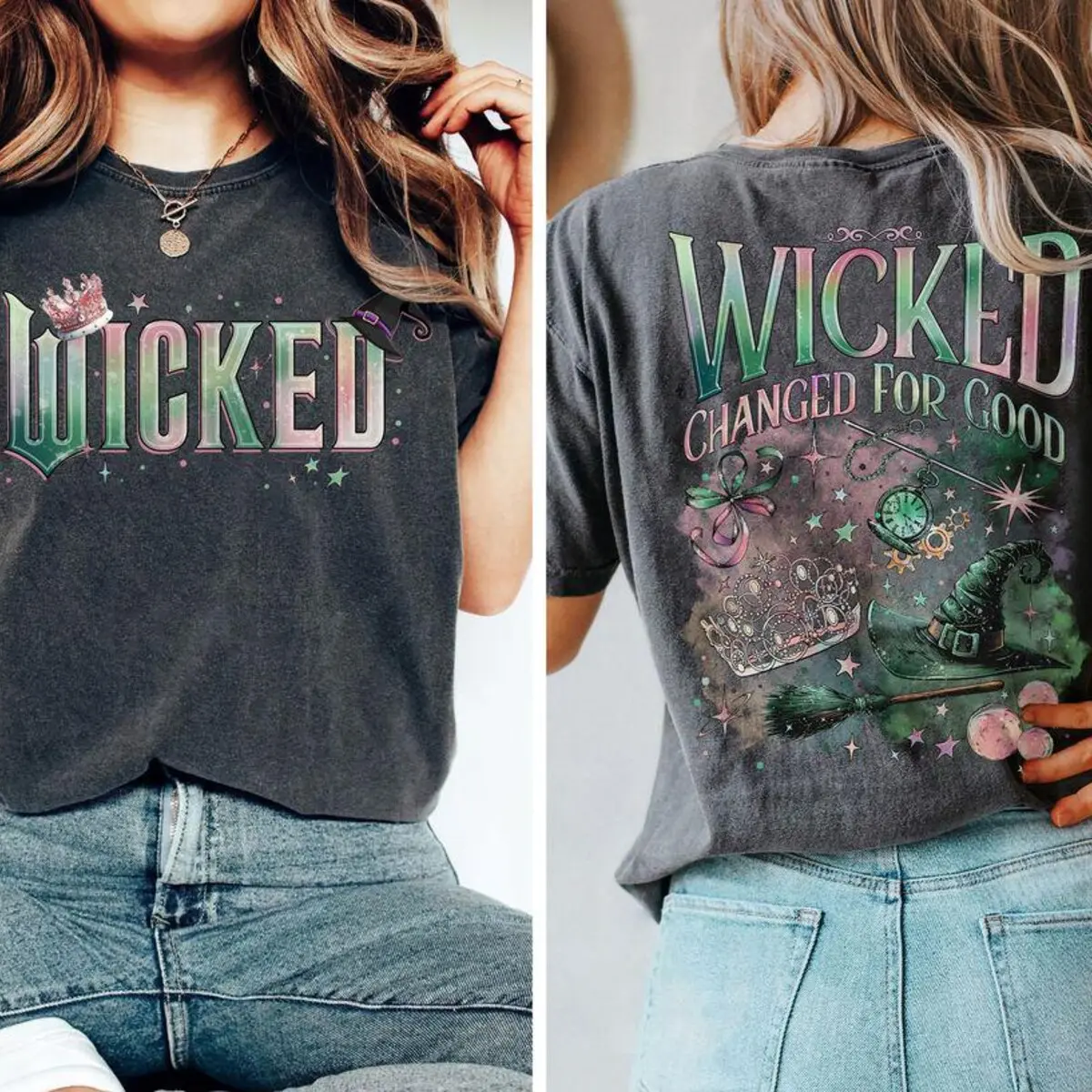 Retro Wicked Movie 2Sided Comfort Color Shirt, Wizard of Oz Fan Gift, Witch Pink and Green T-shirt, Pop Culture Graphic Wicked Musical Shirt halloween horror vintage t-shirt menswear top underwear unisex heavyweight cotton top