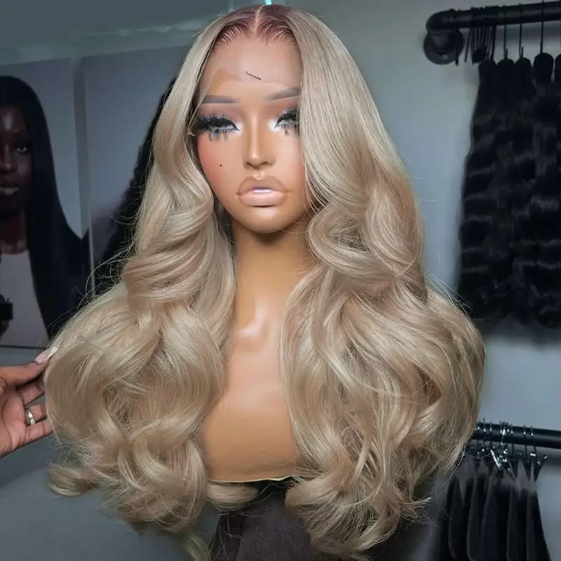 Ombre Ash Blonde Wigs Brown Roots Human Hair Drawstring 13x6 Body Wave Pre-Cut Transparent Lace Front Wig Milk Tea Colored Glueless Ombre Blonde Lace Front Wigs For Women