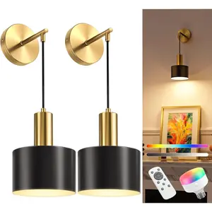 Battery Operated Wall Sconce Set of 2, Gold & Black Wireless Rechargeable Wall Lights with 5200mAh Dimmable Detachable Bulbs and Remote, 9 Colors Sconces Wall Decor for Bedroom Living Room