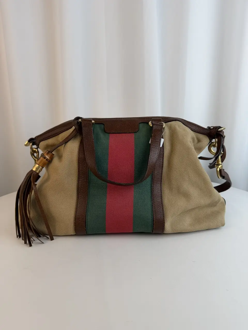 Pre-owned GUCCI canvas tote bags Large Raina Web Stripe Tote with Bamboo Tasse