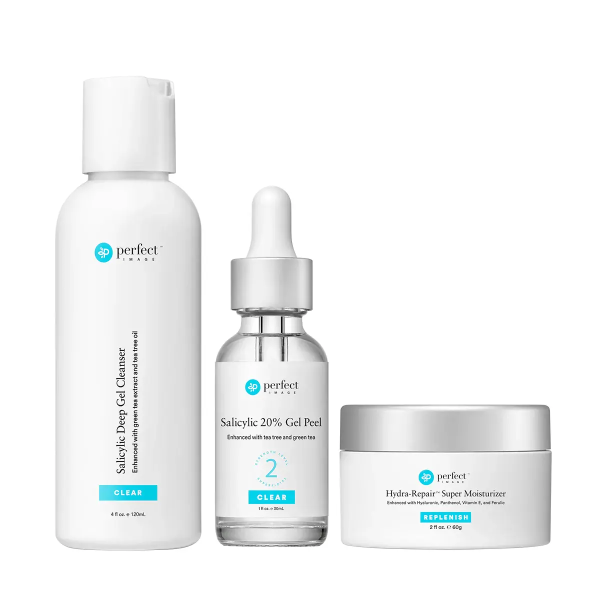 Perfect Image Clear Bundle with Salicylic Deep Gel Cleanser, Salicylic 20% Gel Peel, Hydra-Repair Super Moisture
